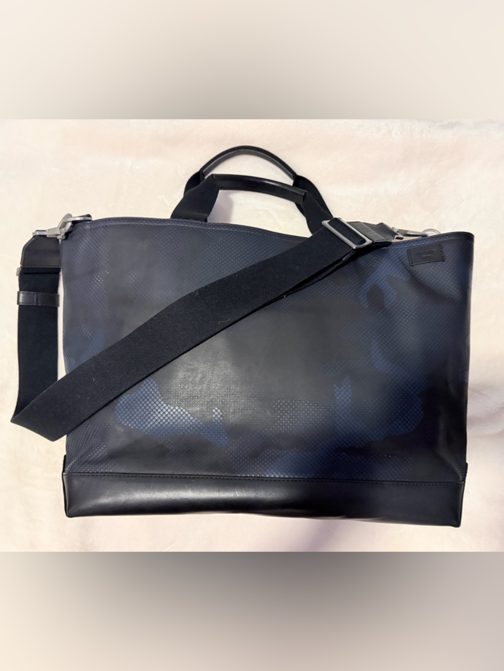 Jack Spade Leather Weekender Travel Bag Black/Navy Camo Laptop Work Bag - Picture 3 of 11